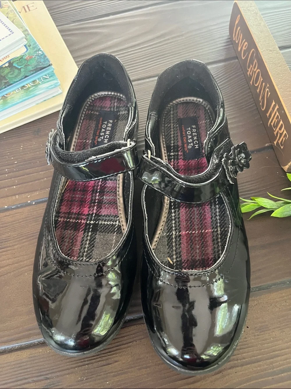 French Toast Black Patent Mary Janes with Plaid Insole